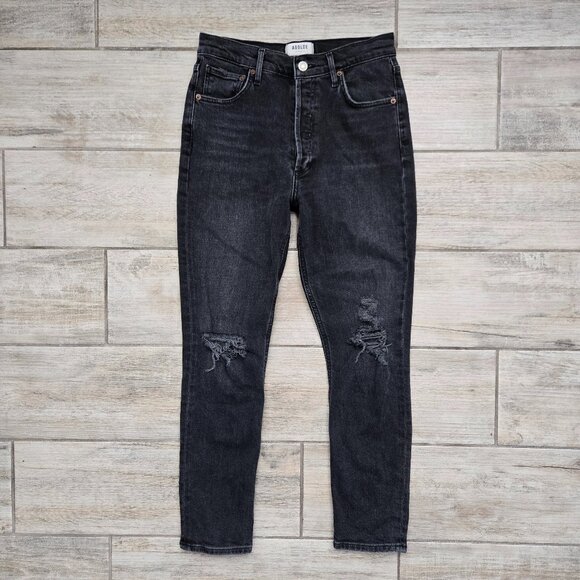 AGOLDE Nico High Rise Jeans Women's Charcoal Grey Button Fly Distressed Knees 27 - Picture 1 of 7